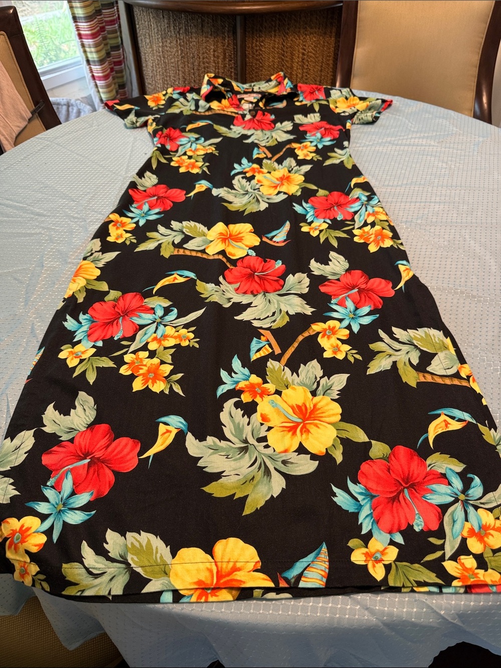 Caribbean Joe Black Floral Midi Dress with Red, Yellow, Teal Flowers